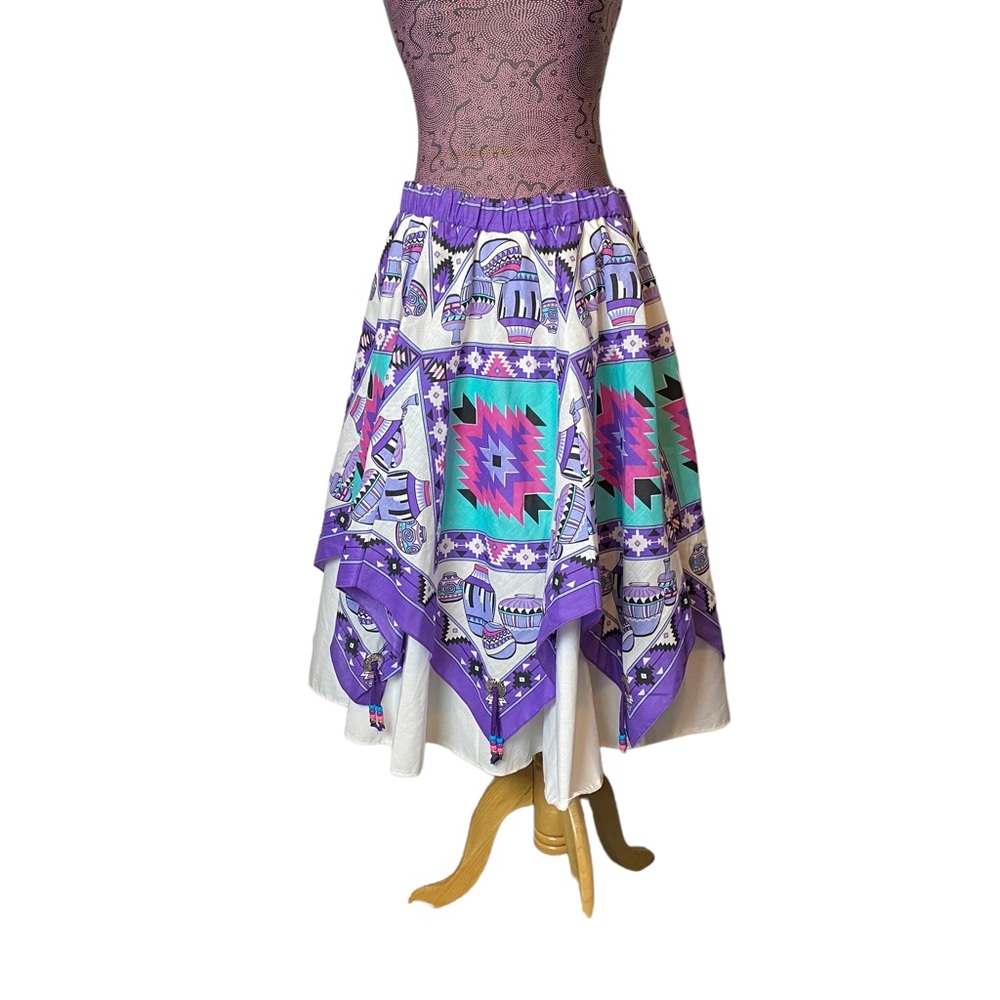 Vintage Purple Pottery Southwest Hankerchief Midi Circle Skirt 36 Waist